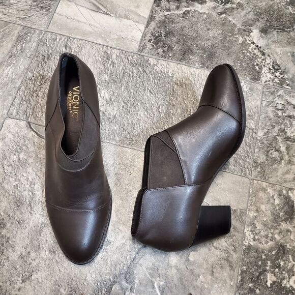 Vionic Orthaheel Point Dark Brown Leather Chunky Heel Ankle Boots Booties 9 - Picture 2 of 9